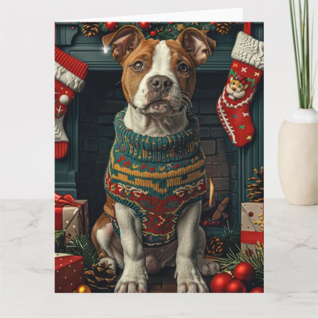 American Staffordshire Dog With Christmas Gifts Card (Front)