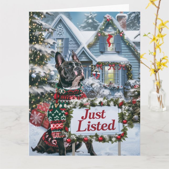 American Staffordshire Festive Realtor Christmas Card (Yellow Flower)