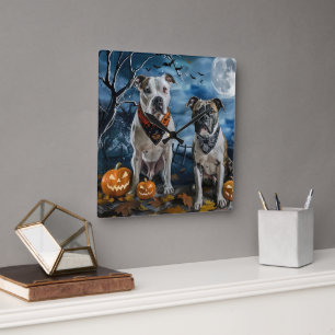 American Staffordshire Halloween Spooky Square Wall Clock