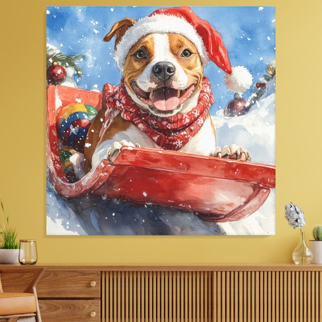 American Staffordshire in Sledge Christmas Canvas Print (Insitu(LivingRoom))