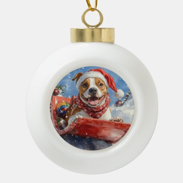 American Staffordshire in Sledge Christmas Ceramic Ball Christmas Ornament (Front)