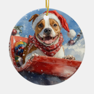American Staffordshire in Sledge Christmas Ceramic Tree Decoration