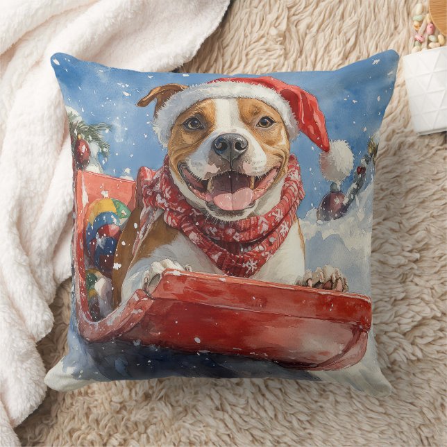 American Staffordshire in Sledge Christmas Cushion (Blanket)
