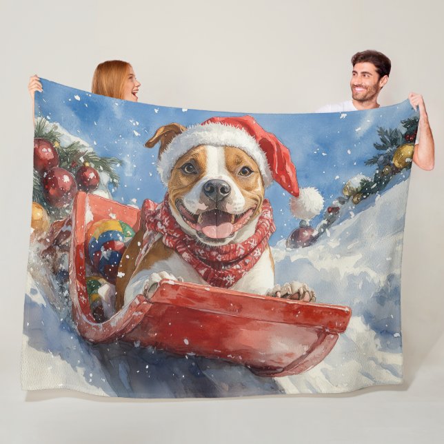 American Staffordshire in Sledge Christmas Fleece Blanket (In Situ)