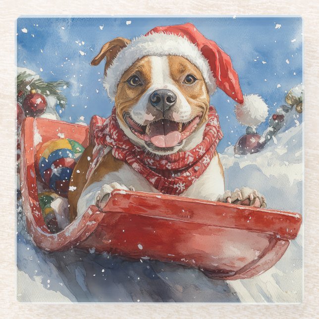 American Staffordshire in Sledge Christmas Glass Coaster (Front)