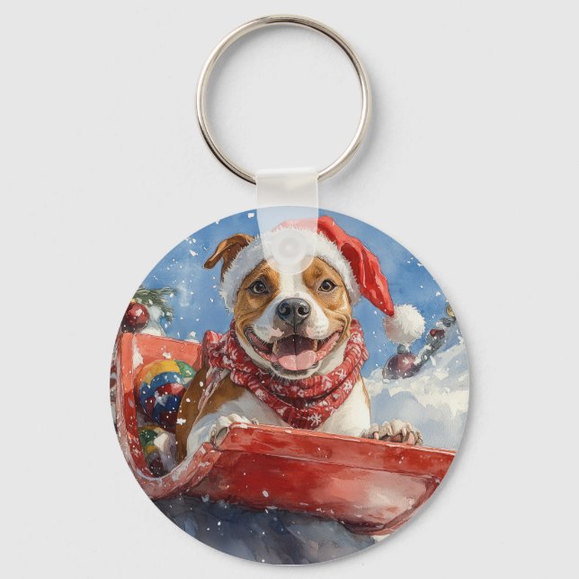American Staffordshire in Sledge Christmas Key Ring (Front)