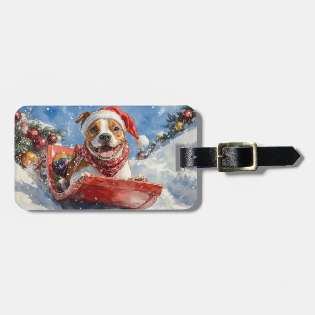 American Staffordshire in Sledge Christmas Luggage Tag (Front Horizontal)
