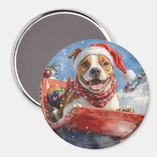 American Staffordshire in Sledge Christmas Magnet (Front/Back)