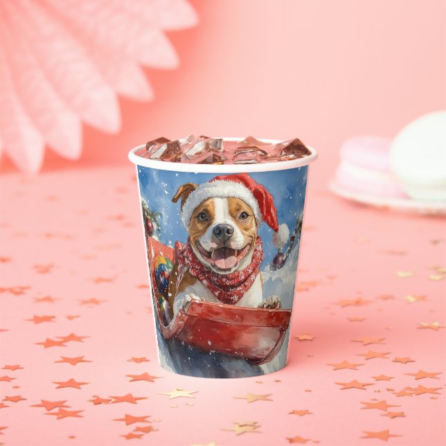 American Staffordshire in Sledge Christmas Paper Cups (Insitu)