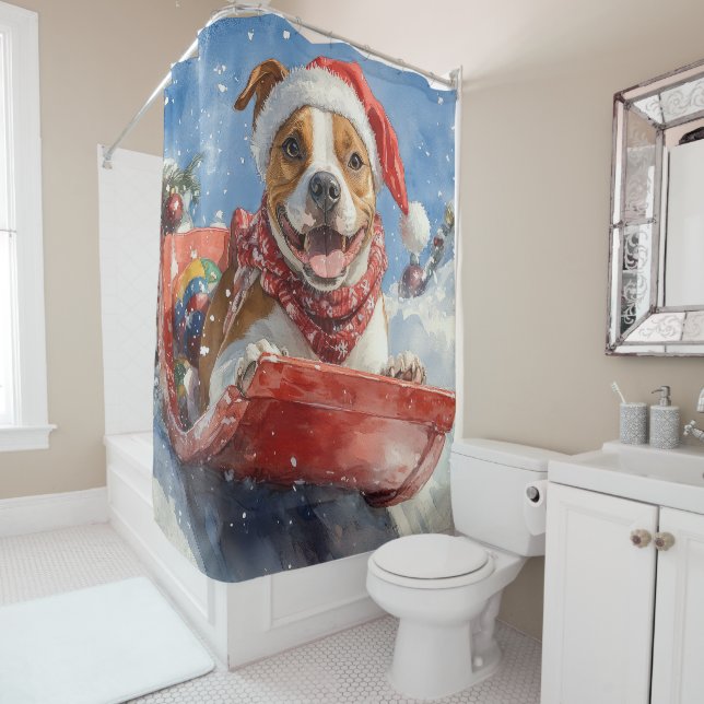American Staffordshire in Sledge Christmas Shower Curtain (In Situ)