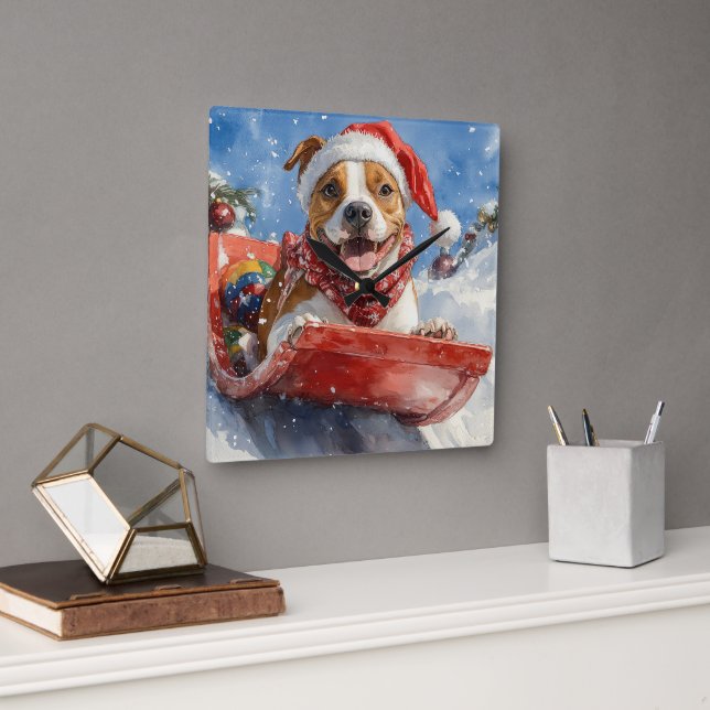 American Staffordshire in Sledge Christmas Square Wall Clock (Office)