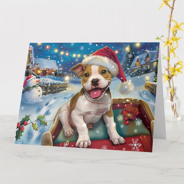 American Staffordshire in Sleigh Snow Christmas Card (Yellow Flower)