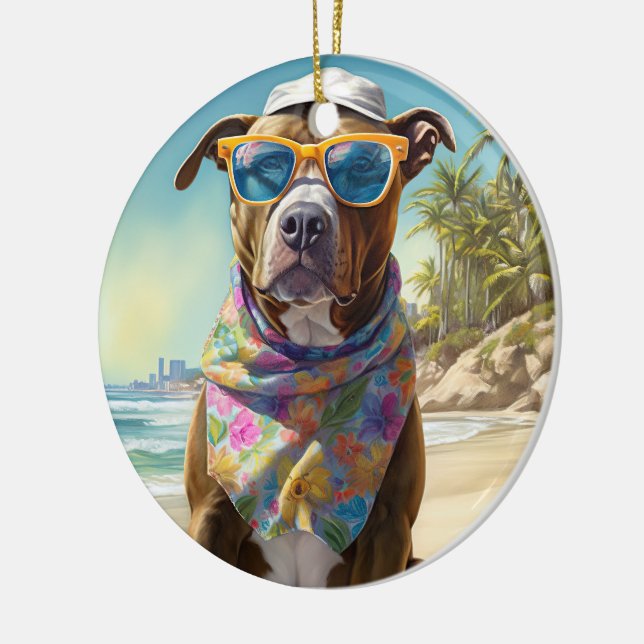 American Staffordshire on Beach,summer gift Ceramic Tree Decoration (Left)