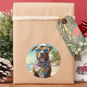 American Staffordshire on Beach,summer gift Classic Round Sticker