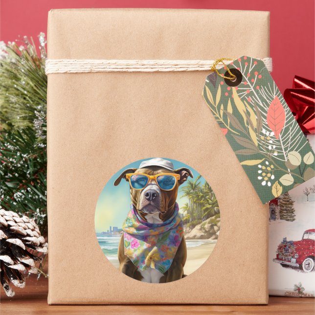 American Staffordshire on Beach,summer gift Classic Round Sticker (Holiday)