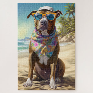 American Staffordshire on Beach,summer gift Jigsaw Puzzle
