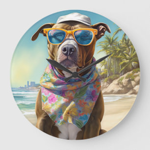 American Staffordshire on Beach,summer gift Large Clock