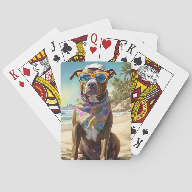 American Staffordshire on Beach,summer gift Playing Cards (Back)