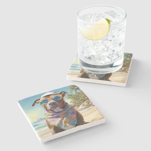 American Staffordshire on Beach,summer gift Stone Coaster (Side)