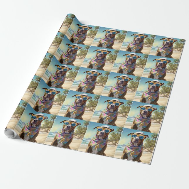 American Staffordshire on Beach,summer gift Wrapping Paper (Unrolled)