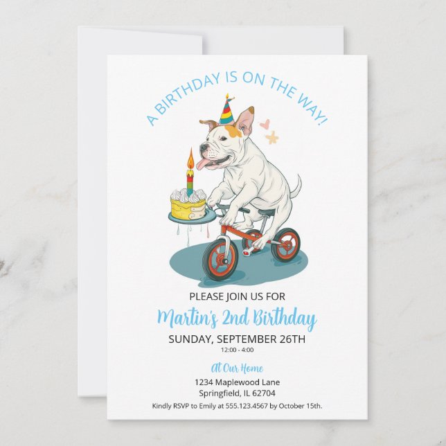 American Staffordshire on Bike Cake Birthday Party Invitation (Front)