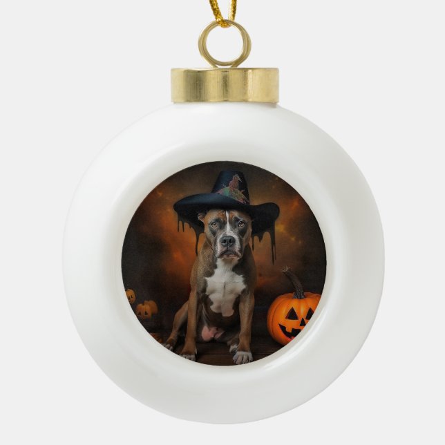 American Staffordshire Pumpkins Halloween Scary Ceramic Ball Christmas Ornament (Front)