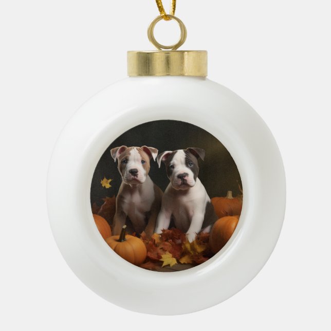 American Staffordshire Puppy Autumn Delight Ceramic Ball Christmas Ornament (Front)
