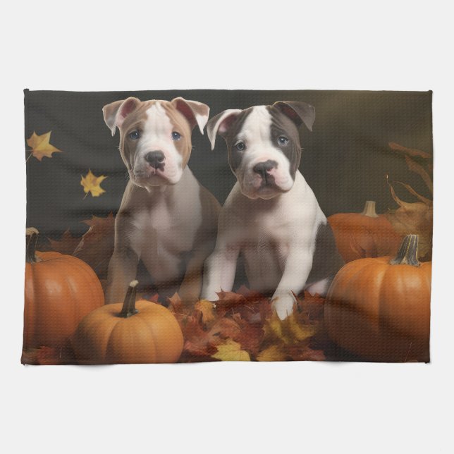 American Staffordshire Puppy Autumn Delight Tea Towel (Horizontal)