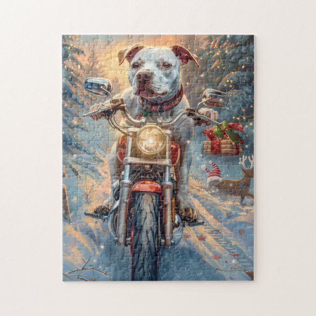 American Staffordshire Riding Motorcycle Christmas Jigsaw Puzzle (Vertical)