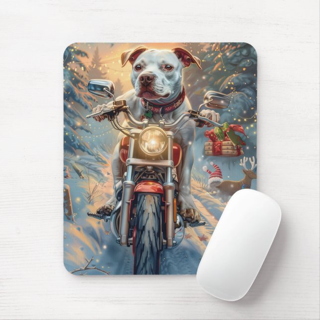 American Staffordshire Riding Motorcycle Christmas Mouse Mat (With Mouse)
