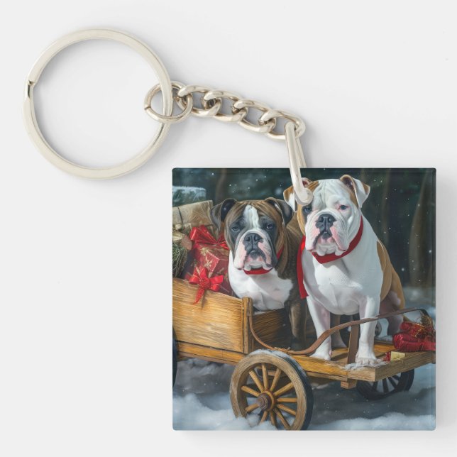 American Staffordshire Snowy Sleigh Christmas  Key Ring (Front)