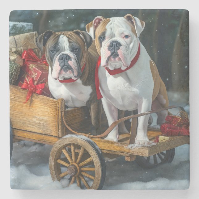 American Staffordshire Snowy Sleigh Christmas  Stone Coaster (Front)