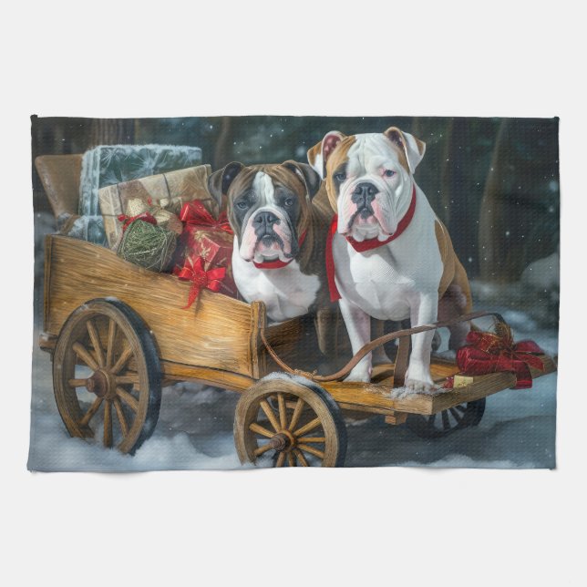 American Staffordshire Snowy Sleigh Christmas  Tea Towel (Horizontal)