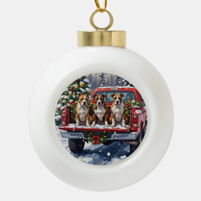American Staffordshire Terrier Christmas Red Truck Ceramic Ball Christmas Ornament (Front)