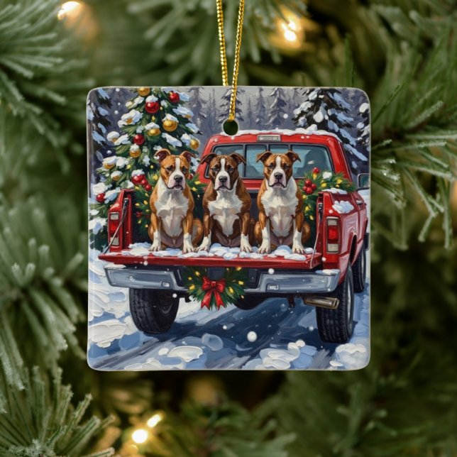 American Staffordshire Terrier Christmas Red Truck Ceramic Ornament (Tree)