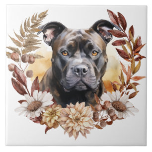 American Staffordshire Terrier Dog Autumn Wreath Tile