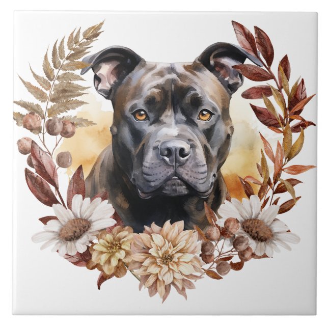 American Staffordshire Terrier Dog Autumn Wreath Tile (Front)