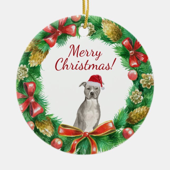 American staffordshire terrier Dog Merry christmas Ceramic Tree Decoration (Front)
