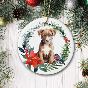 American Staffordshire Terrier Puppy Poinsettia Ceramic Tree Decoration