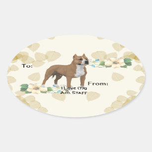 American Staffordshire Terrier ~ Tan Leaves Motiff Oval Sticker