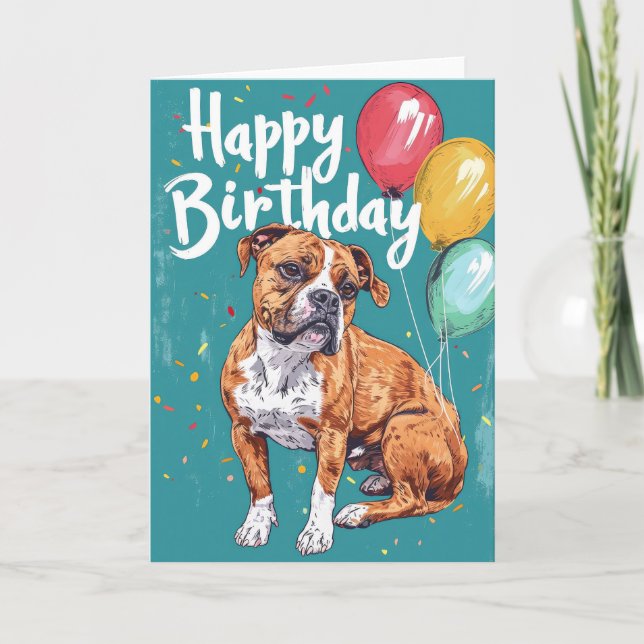 American Staffordshire with Balloons Birthday Card (Front)