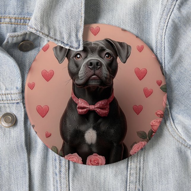 American Staffordshire with Roses -Valentine's Day 6 Cm Round Badge (In Situ)