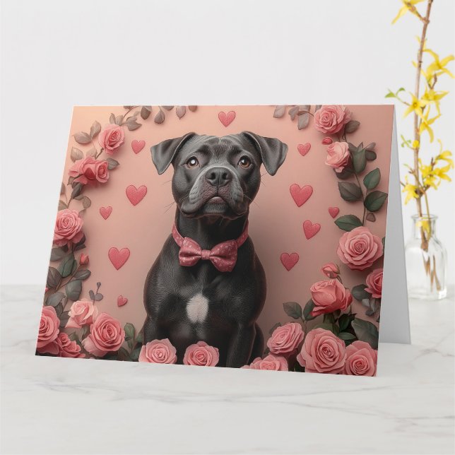 American Staffordshire with Roses -Valentine's Day Card (Yellow Flower)