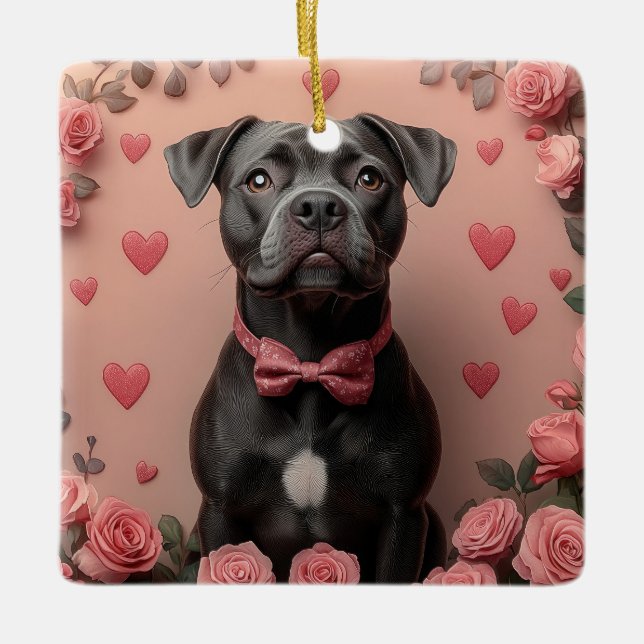 American Staffordshire with Roses -Valentine's Day Ceramic Ornament (Front)