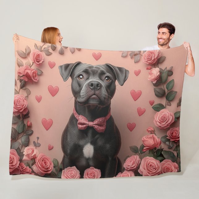 American Staffordshire with Roses -Valentine's Day Fleece Blanket (In Situ)
