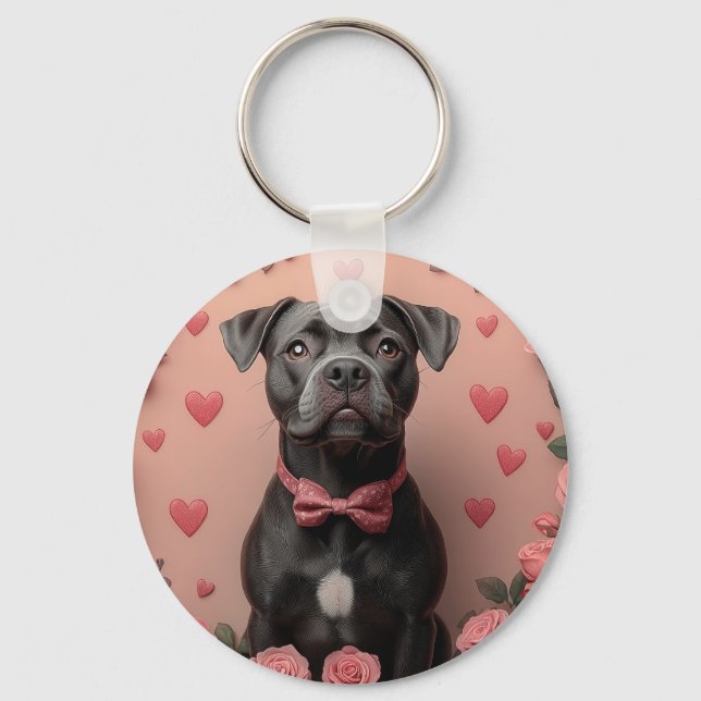 American Staffordshire with Roses -Valentine's Day Key Ring (Front)