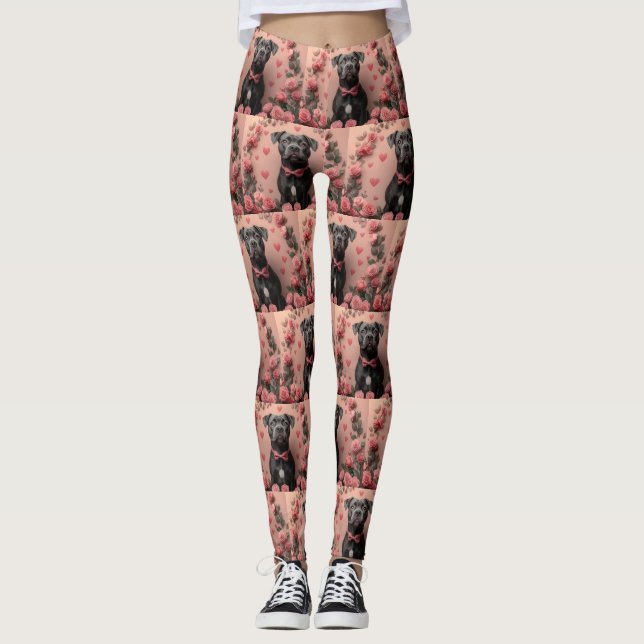 American Staffordshire with Roses -Valentine's Day Leggings (Front)