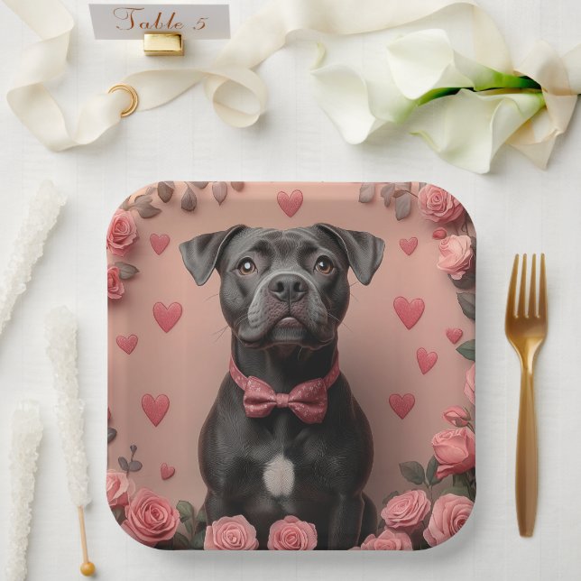 American Staffordshire with Roses -Valentine's Day Paper Plate (Wedding)