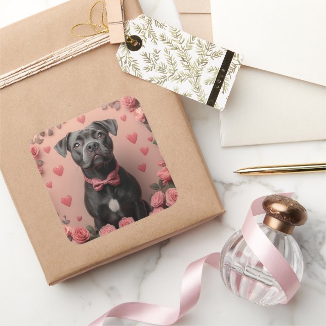 American Staffordshire with Roses -Valentine's Day Square Sticker (Gifting)