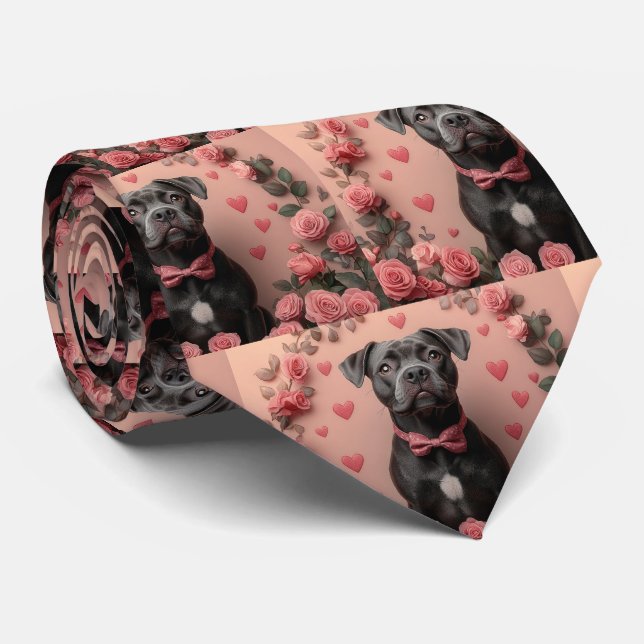 American Staffordshire with Roses -Valentine's Day Tie (Rolled)